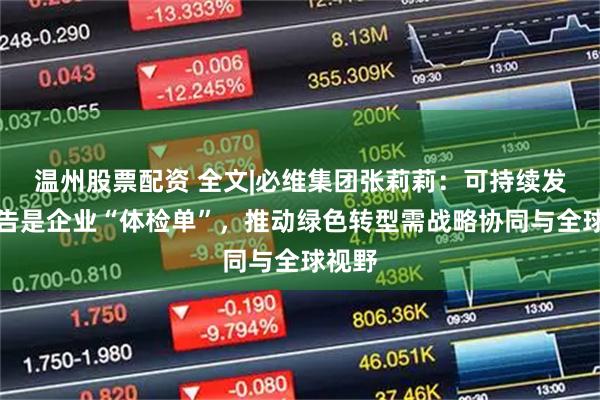 温州股票配资 全文|必维集团张莉莉：可持续发展报告是企业“体检单”，推动绿色转型需战略协同与全球视野